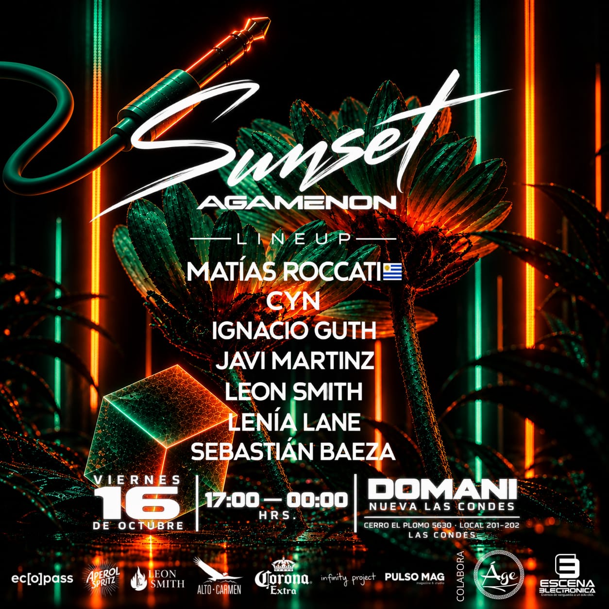 Flyer Agamenon Sunset, viernes 16 de octubre en Domani